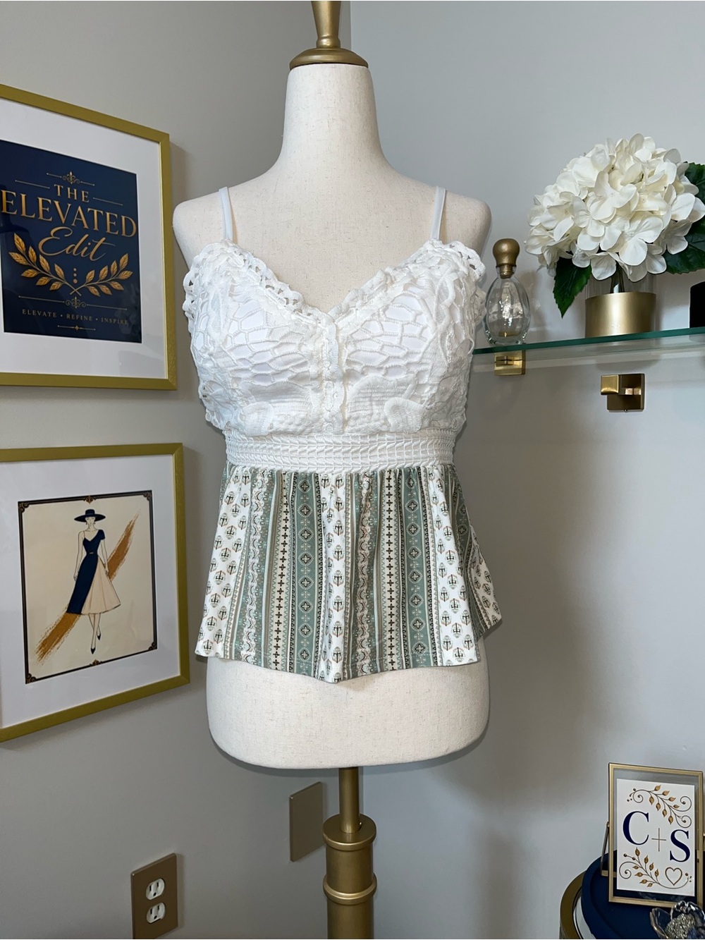 NWOT. Derek Heart Crochet Lace Smocked Peplum Cami Top | Sage | Boho Cottagecore - Picture 4 of 10